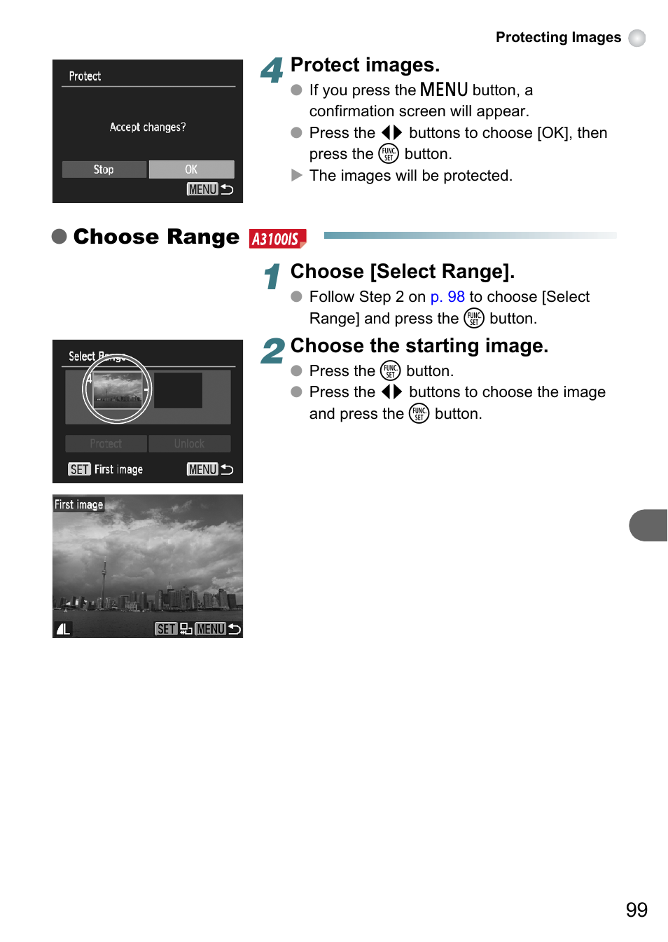 Choose range, Protect images, Choose [select range | Choose the starting image | Canon A3150 IS User Manual | Page 99 / 147