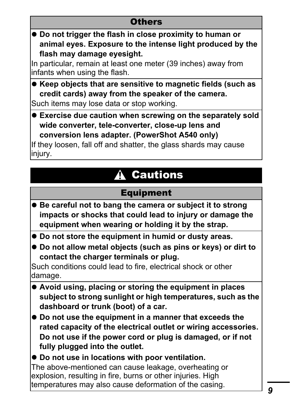 Cautions | Canon A540 User Manual | Page 11 / 139