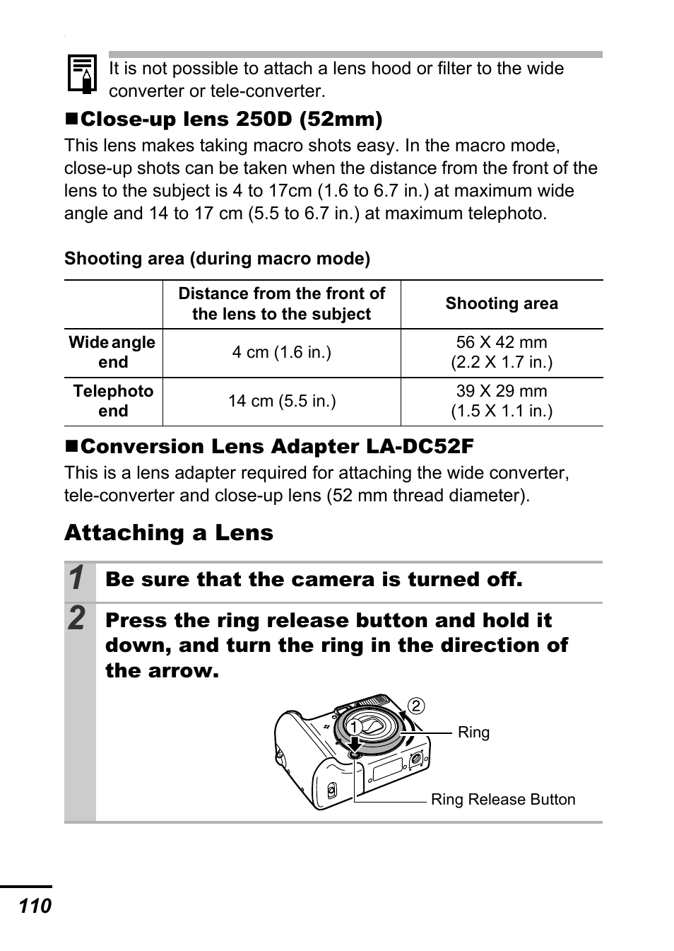 Attaching a lens | Canon A540 User Manual | Page 112 / 139