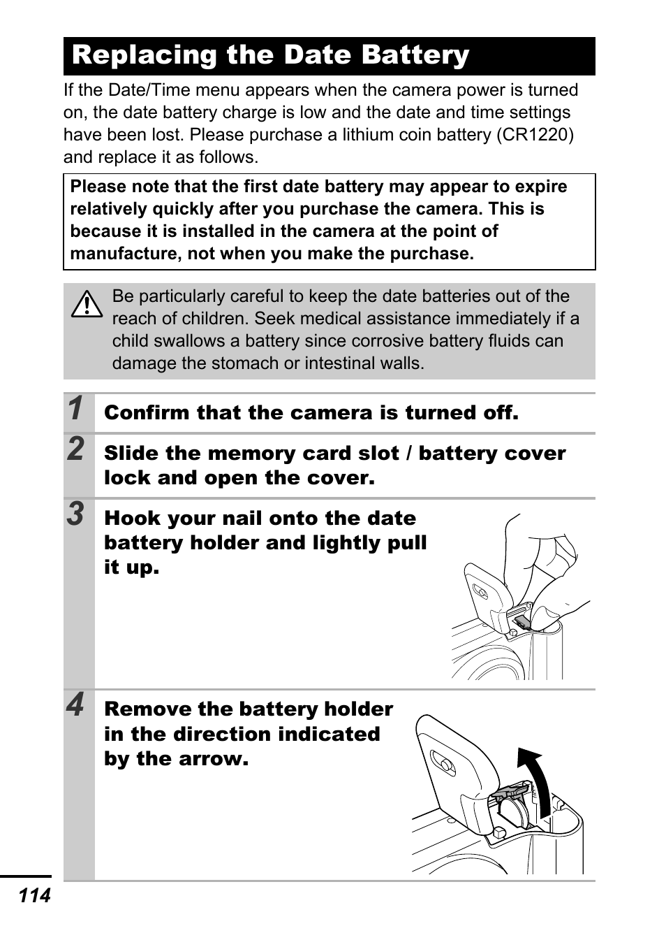 Replacing the date battery, P. 114) | Canon A540 User Manual | Page 116 / 139