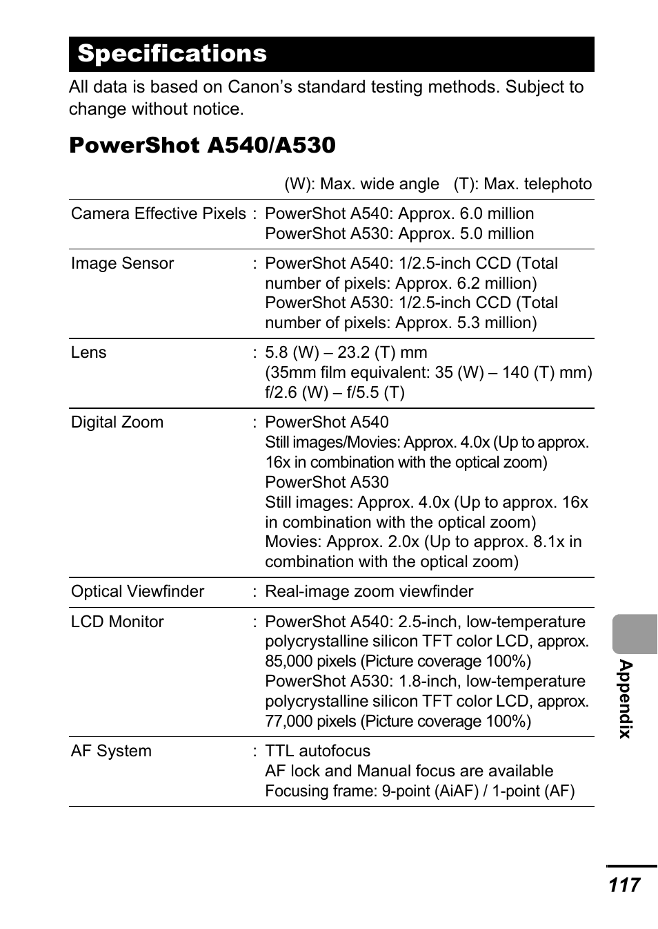 Specifications | Canon A540 User Manual | Page 119 / 139