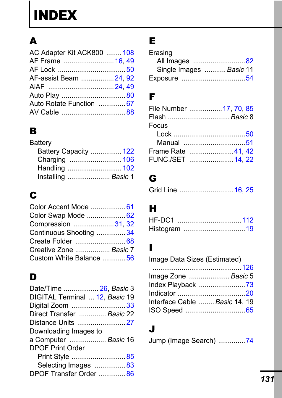 Index | Canon A540 User Manual | Page 133 / 139