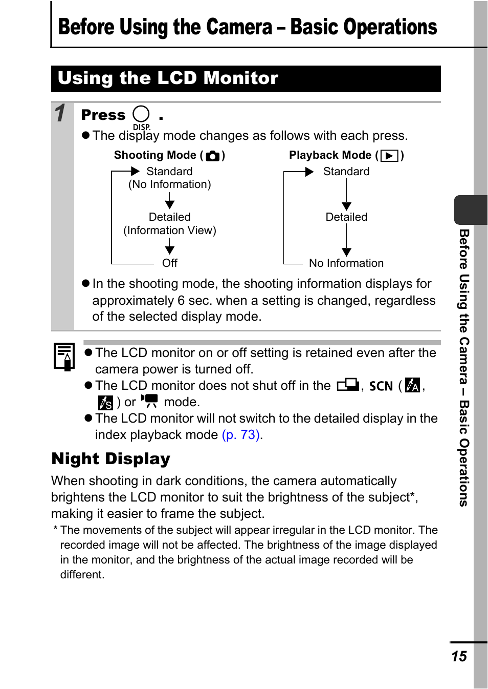 Before using the camera - basic operations, Using the lcd monitor, Before using the camera – basic operations | Button, P. 15), Night display, Press | Canon A540 User Manual | Page 17 / 139