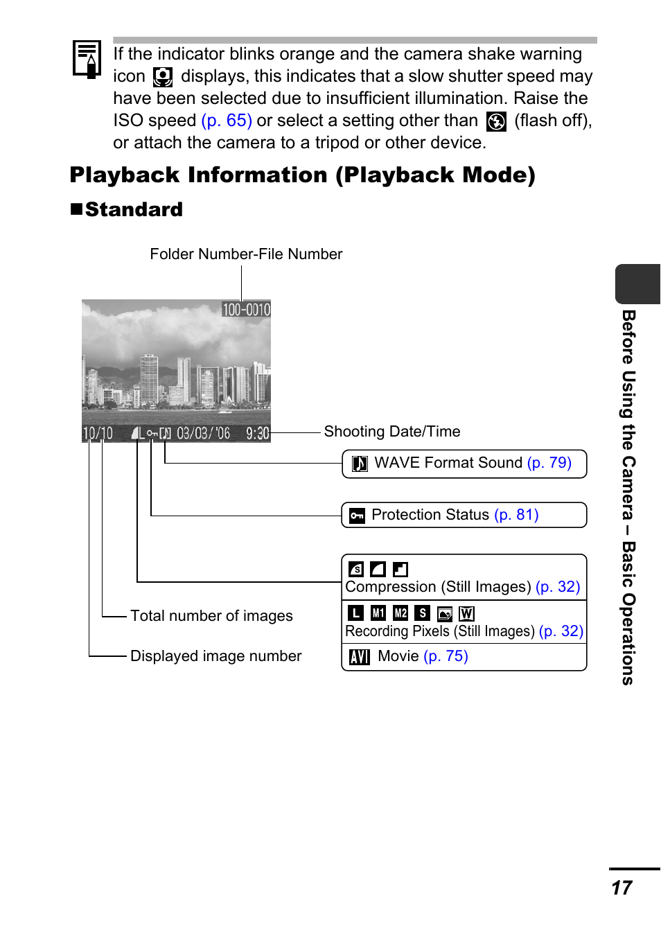P. 17), Playback information (playback mode), Standard | Canon A540 User Manual | Page 19 / 139