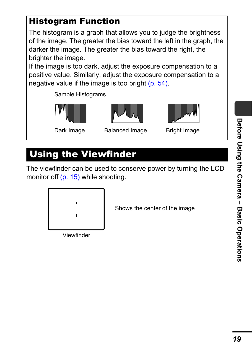 Using the viewfinder, P. 19), Histogram function | Canon A540 User Manual | Page 21 / 139