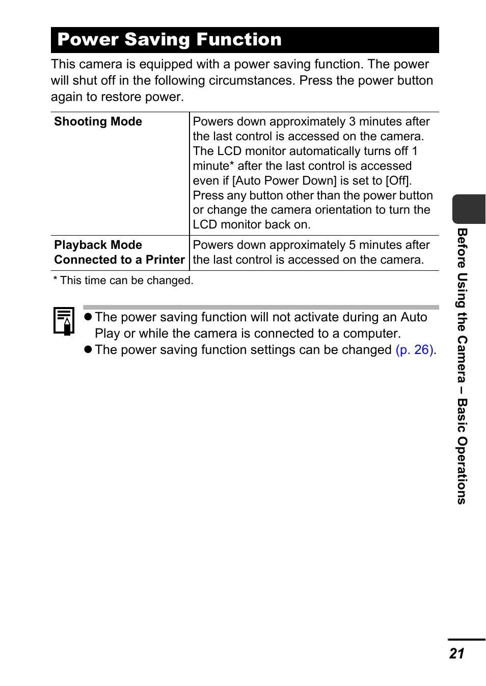 Power saving function | Canon A540 User Manual | Page 23 / 139