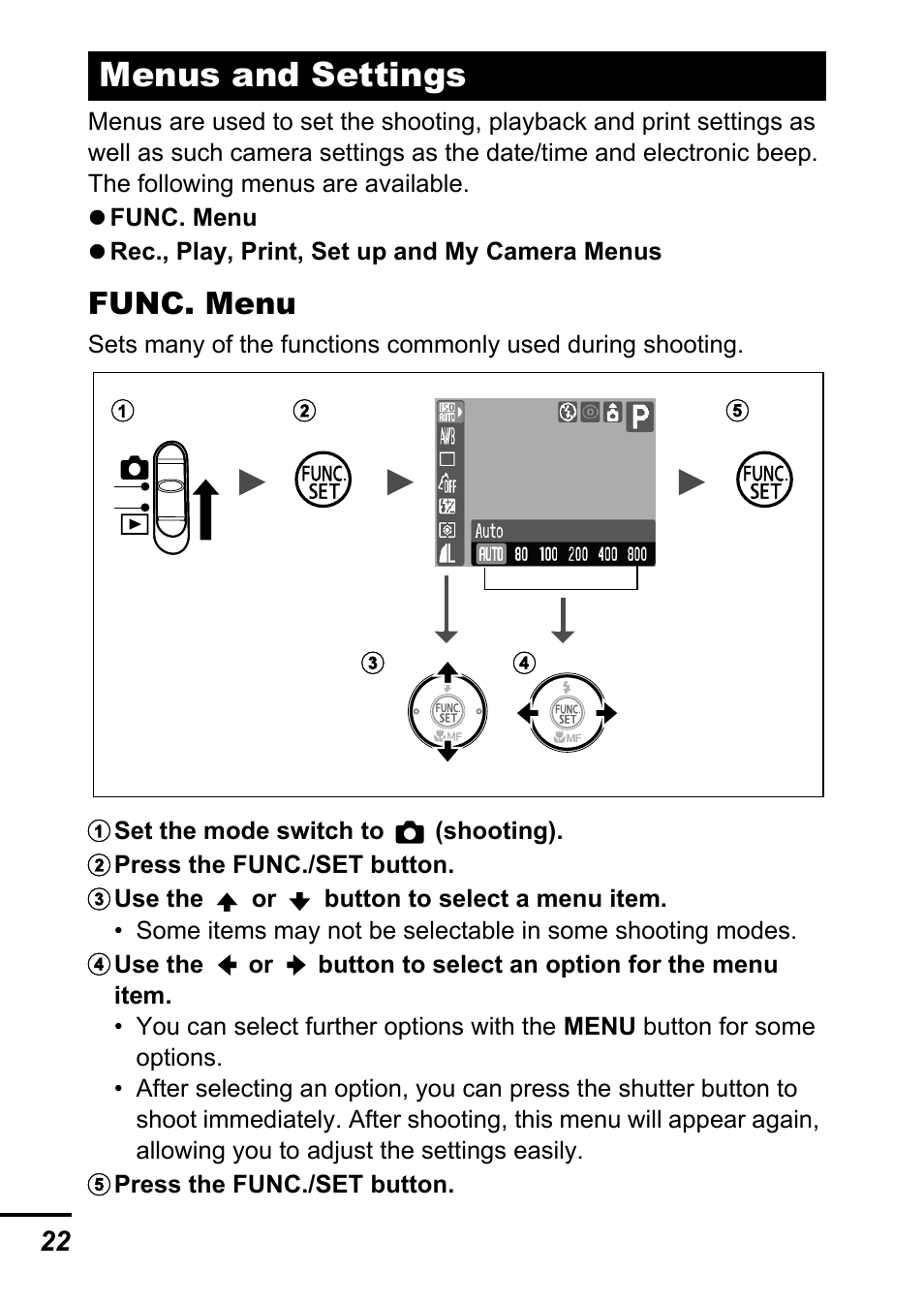 Menus and settings, P. 22), Func. menu | Canon A540 User Manual | Page 24 / 139