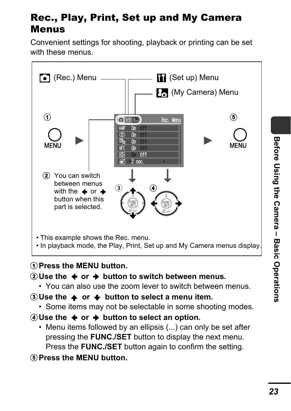 P. 23), Rec., play, print, set up and my camera menus | Canon A540 User Manual | Page 25 / 139