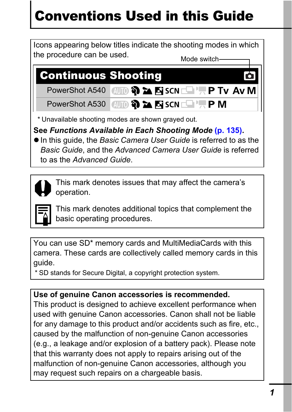 Conventions used in this guide, Continuous shooting | Canon A540 User Manual | Page 3 / 139