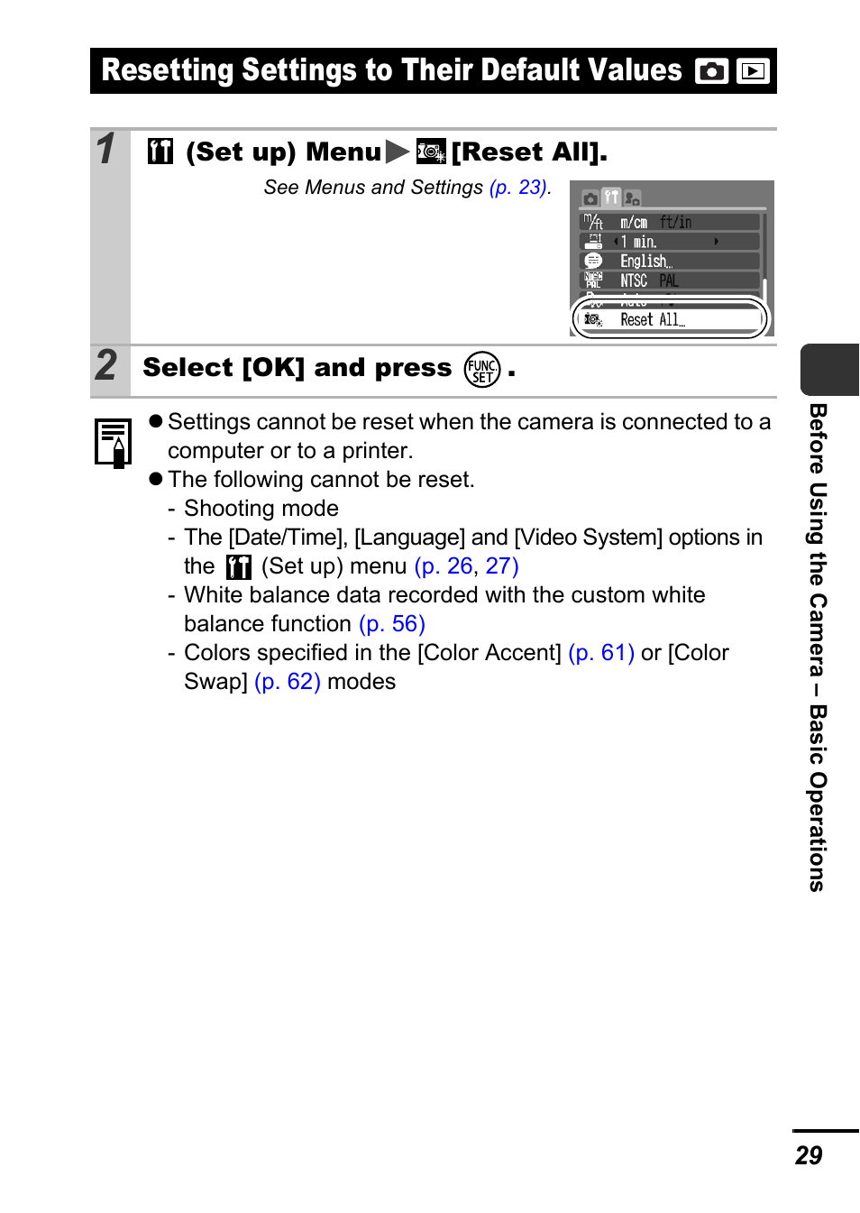 Resetting settings to their default values, P. 29 | Canon A540 User Manual | Page 31 / 139
