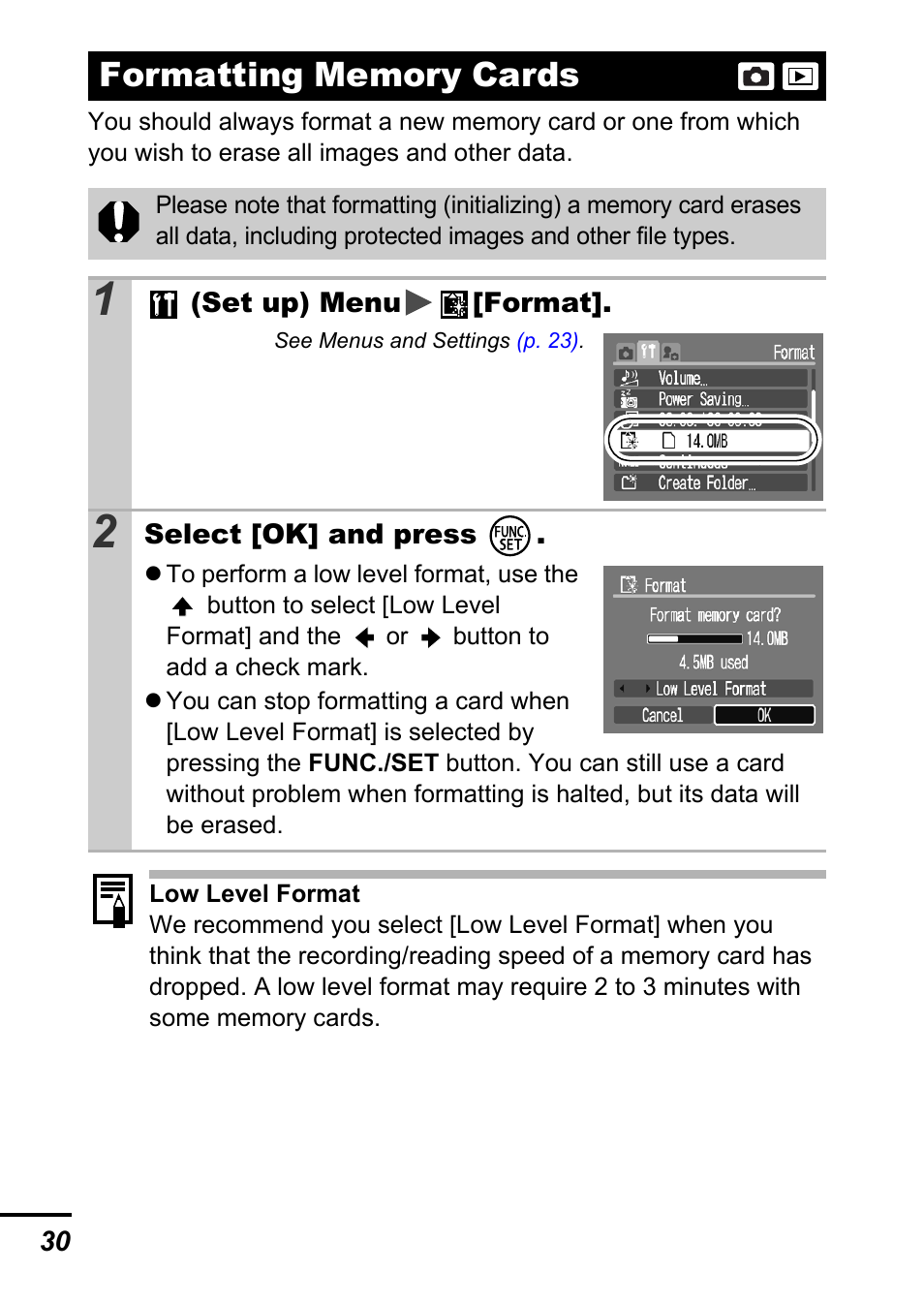 Formatting memory cards | Canon A540 User Manual | Page 32 / 139