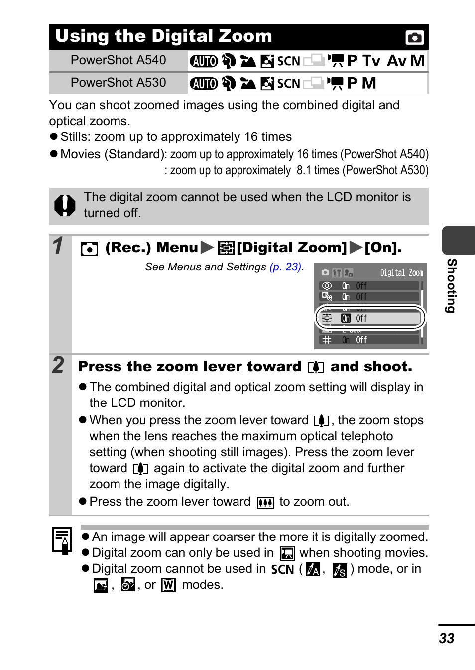 Using the digital zoom, P. 33), P. 33 | Canon A540 User Manual | Page 35 / 139