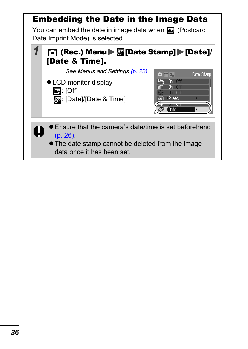 P. 36, Embedding the date in the image data | Canon A540 User Manual | Page 38 / 139