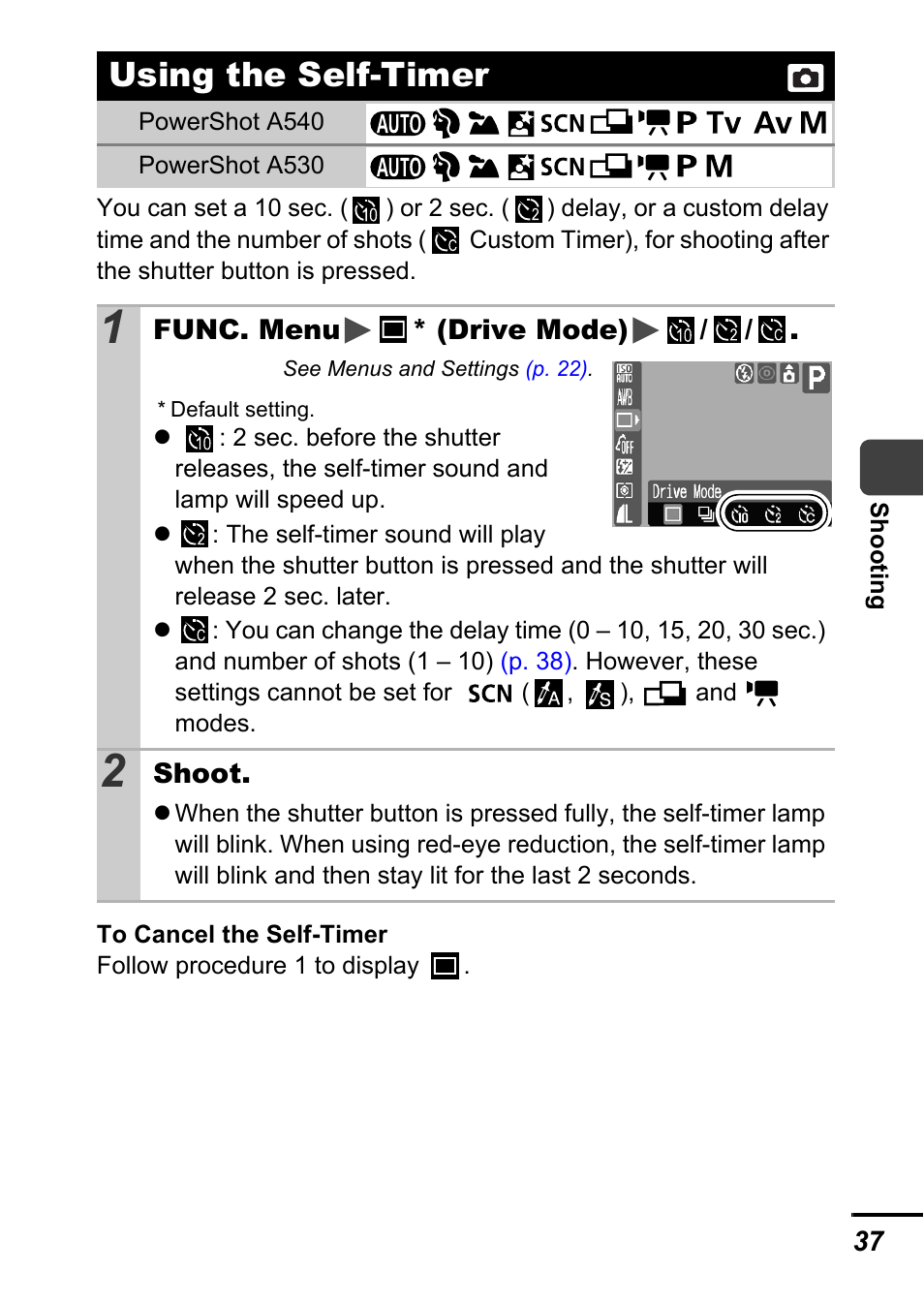 Using the self-timer, Lamp, P. 37) | Canon A540 User Manual | Page 39 / 139