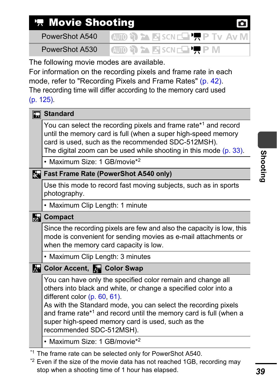 Movie shooting, P. 39) | Canon A540 User Manual | Page 41 / 139