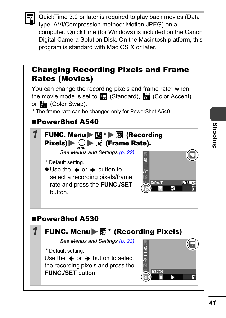 P. 41), Changing recording pixels and frame rates (movies) | Canon A540 User Manual | Page 43 / 139