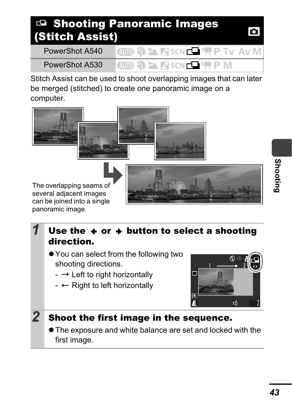 Shooting panoramic images (stitch assist), P. 43) | Canon A540 User Manual | Page 45 / 139