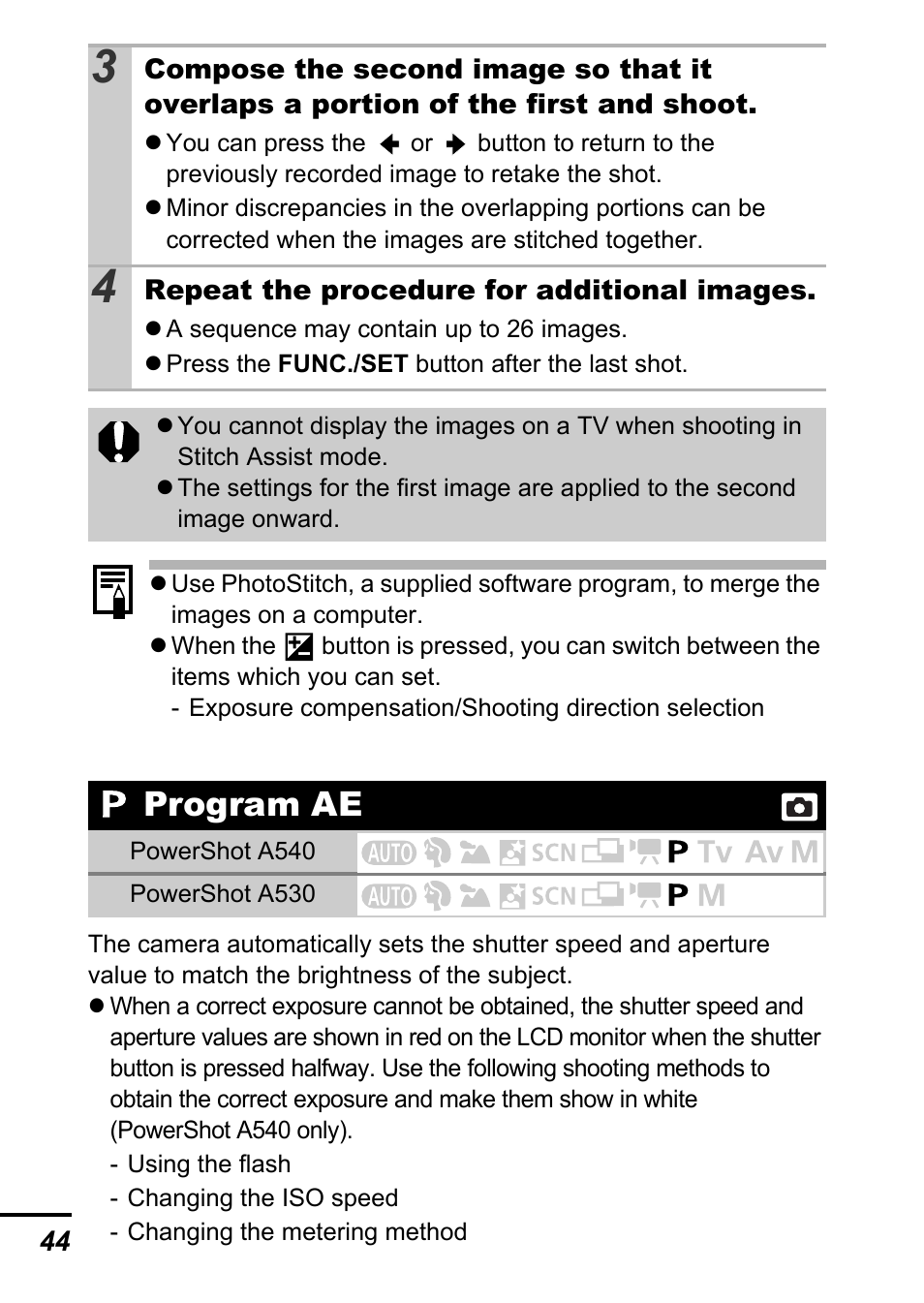 Program ae, P. 44 | Canon A540 User Manual | Page 46 / 139