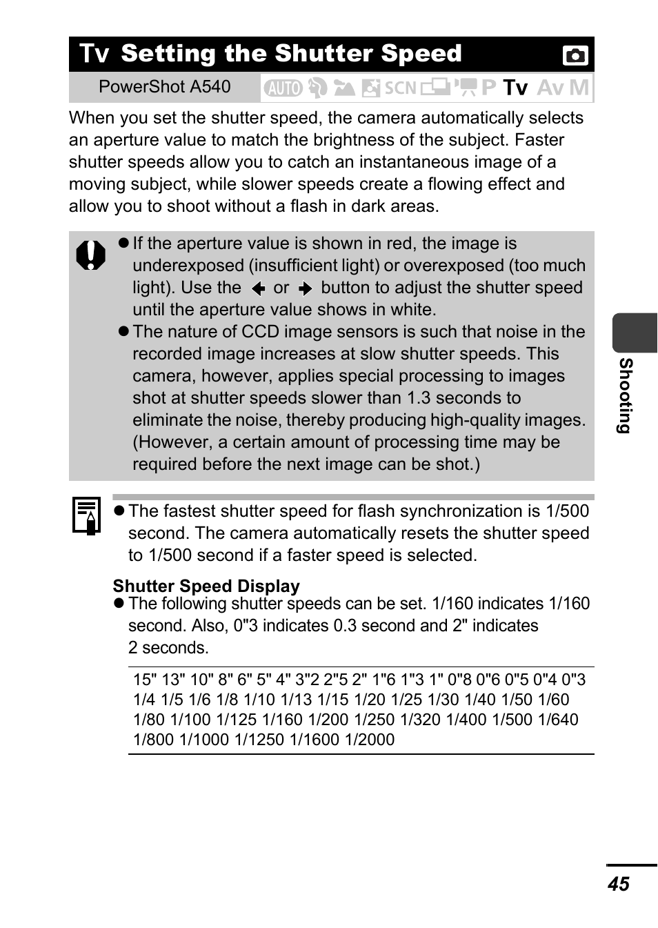 Setting the shutter speed, P. 45 | Canon A540 User Manual | Page 47 / 139