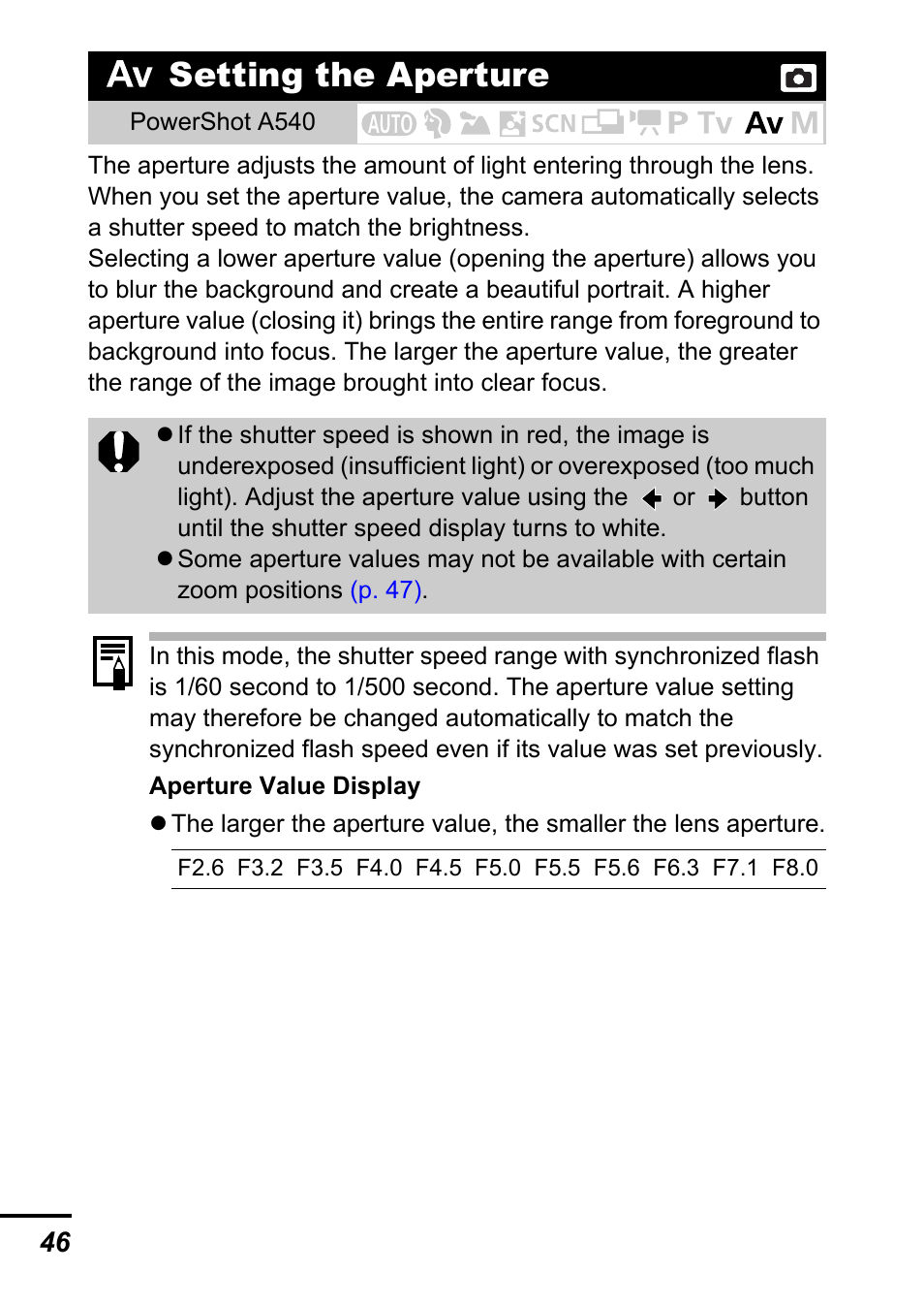 Setting the aperture, P. 46 | Canon A540 User Manual | Page 48 / 139