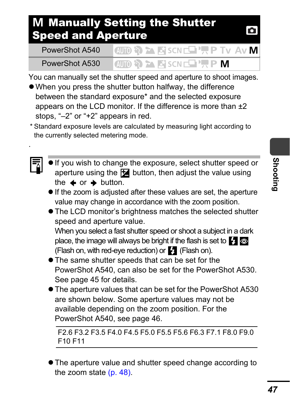 Manually setting the shutter speed and aperture | Canon A540 User Manual | Page 49 / 139