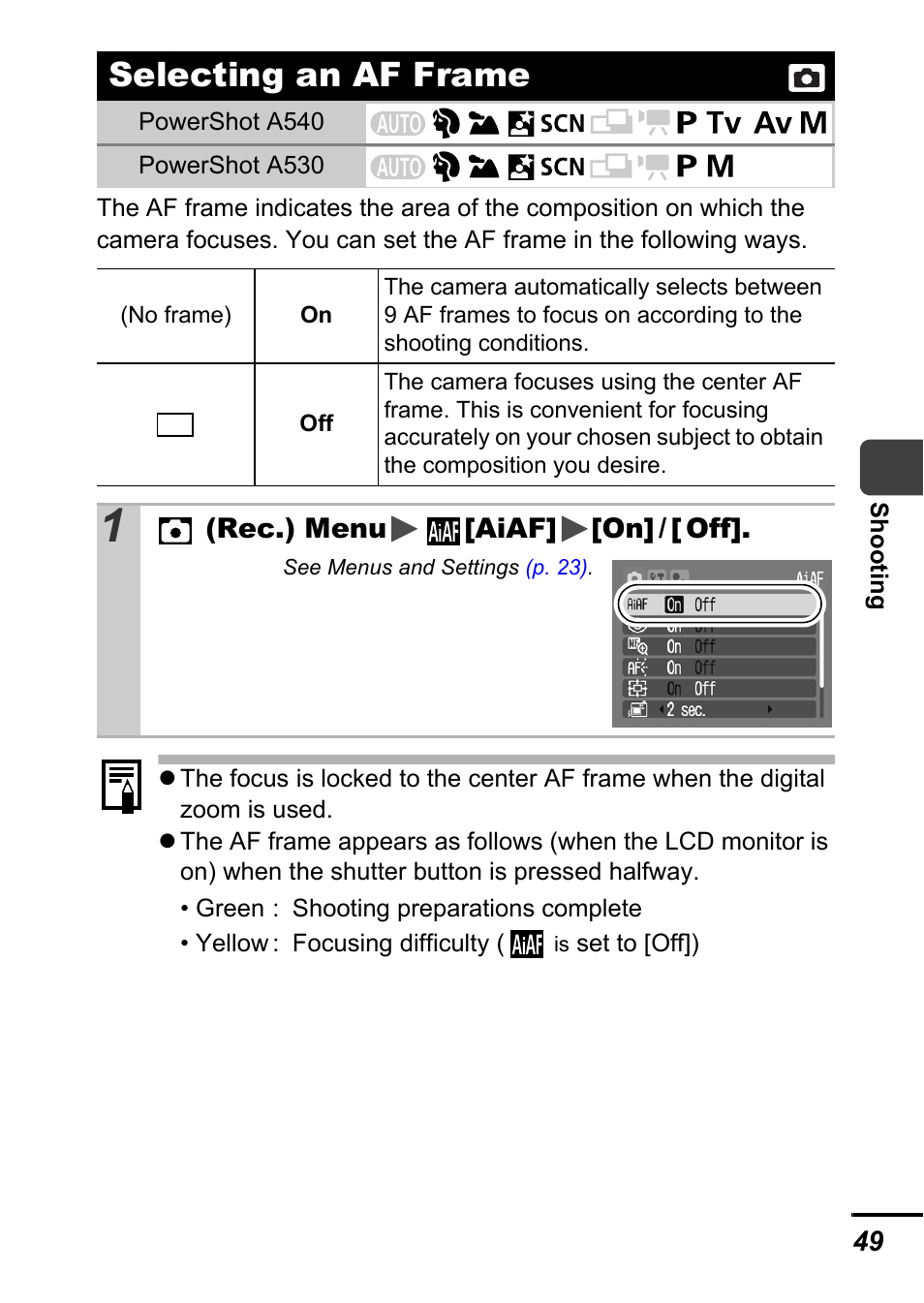 Selecting an af frame, P. 49), P. 49 | Canon A540 User Manual | Page 51 / 139