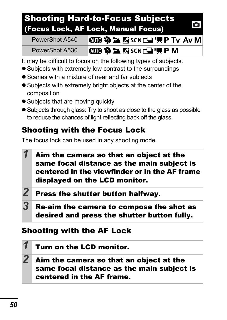 P. 50), Shooting hard-to-focus subjects | Canon A540 User Manual | Page 52 / 139