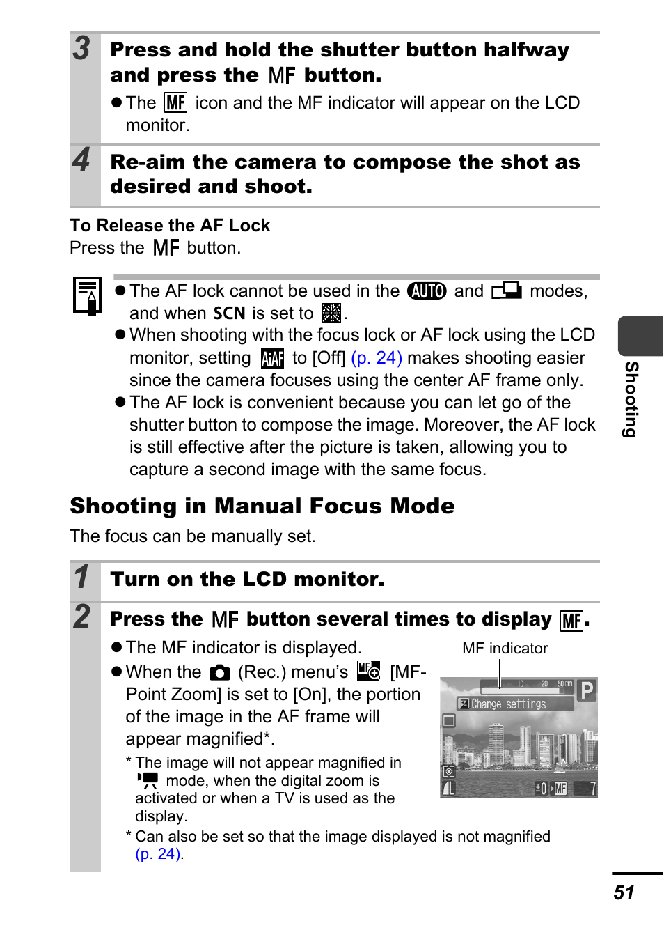 P. 51, P. 51), Shooting in manual focus mode | Canon A540 User Manual | Page 53 / 139