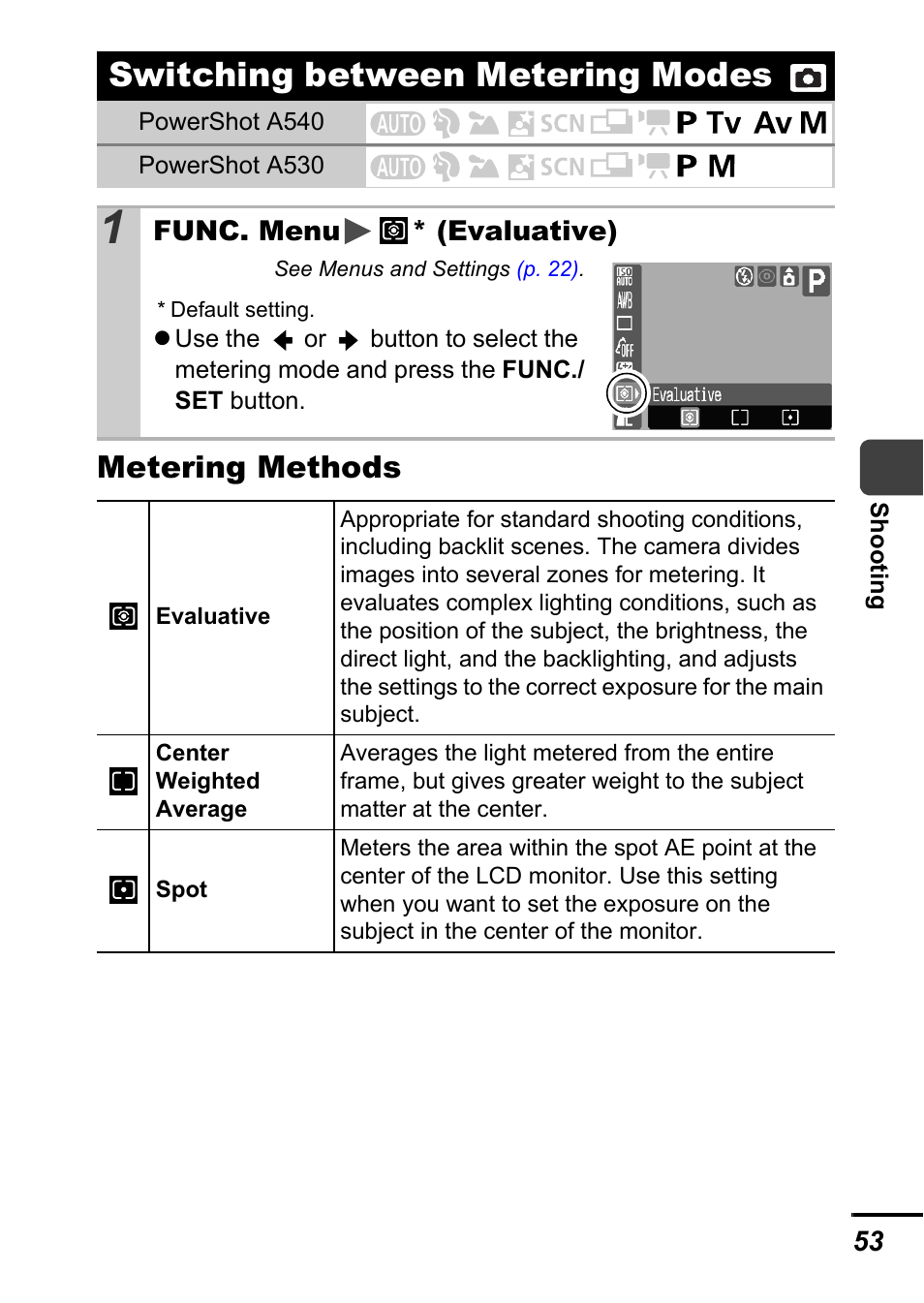 Switching between metering modes, P. 53), Mode | P. 53, Metering methods | Canon A540 User Manual | Page 55 / 139