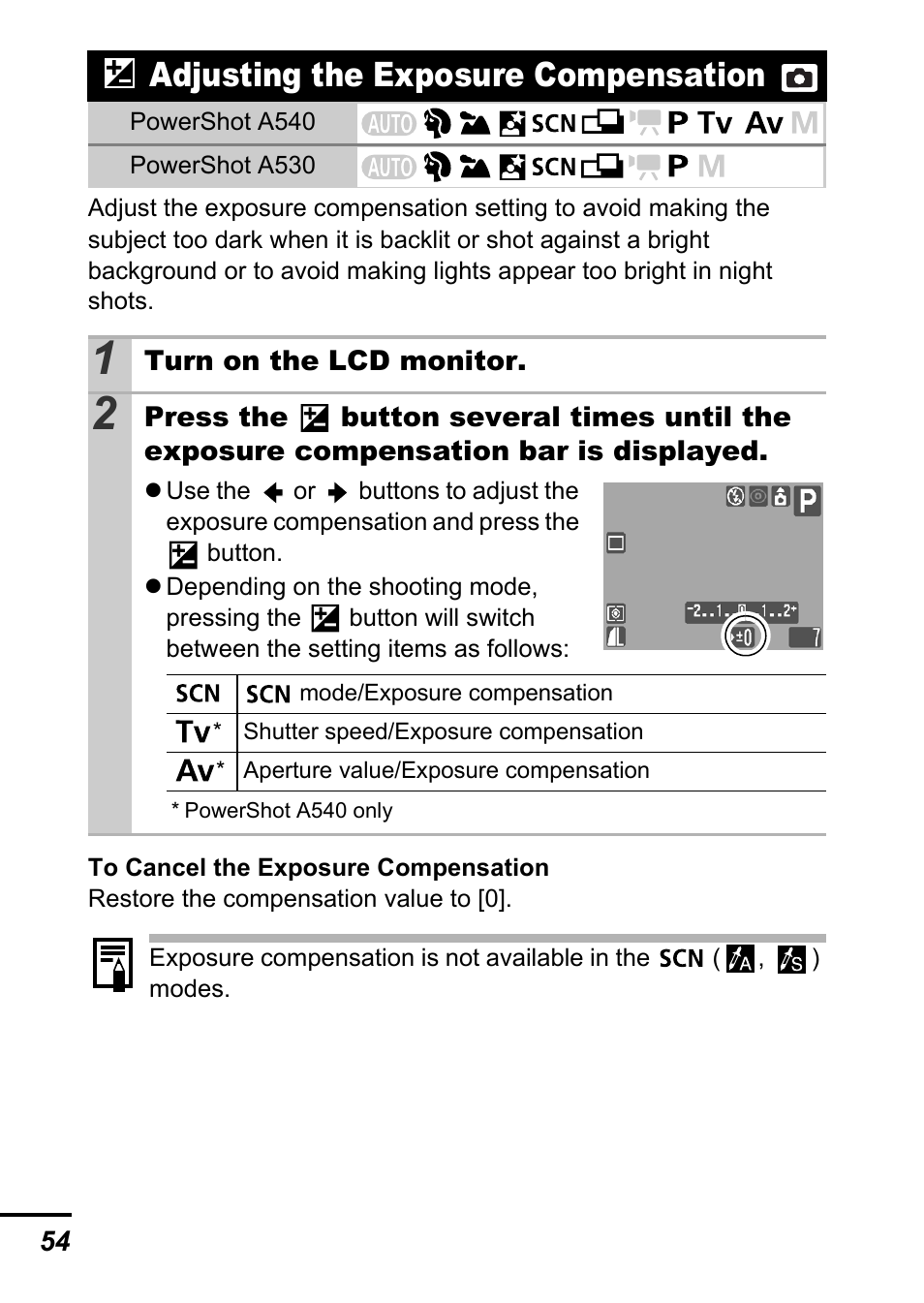 Adjusting the exposure compensation, P. 54, P. 54) | Canon A540 User Manual | Page 56 / 139