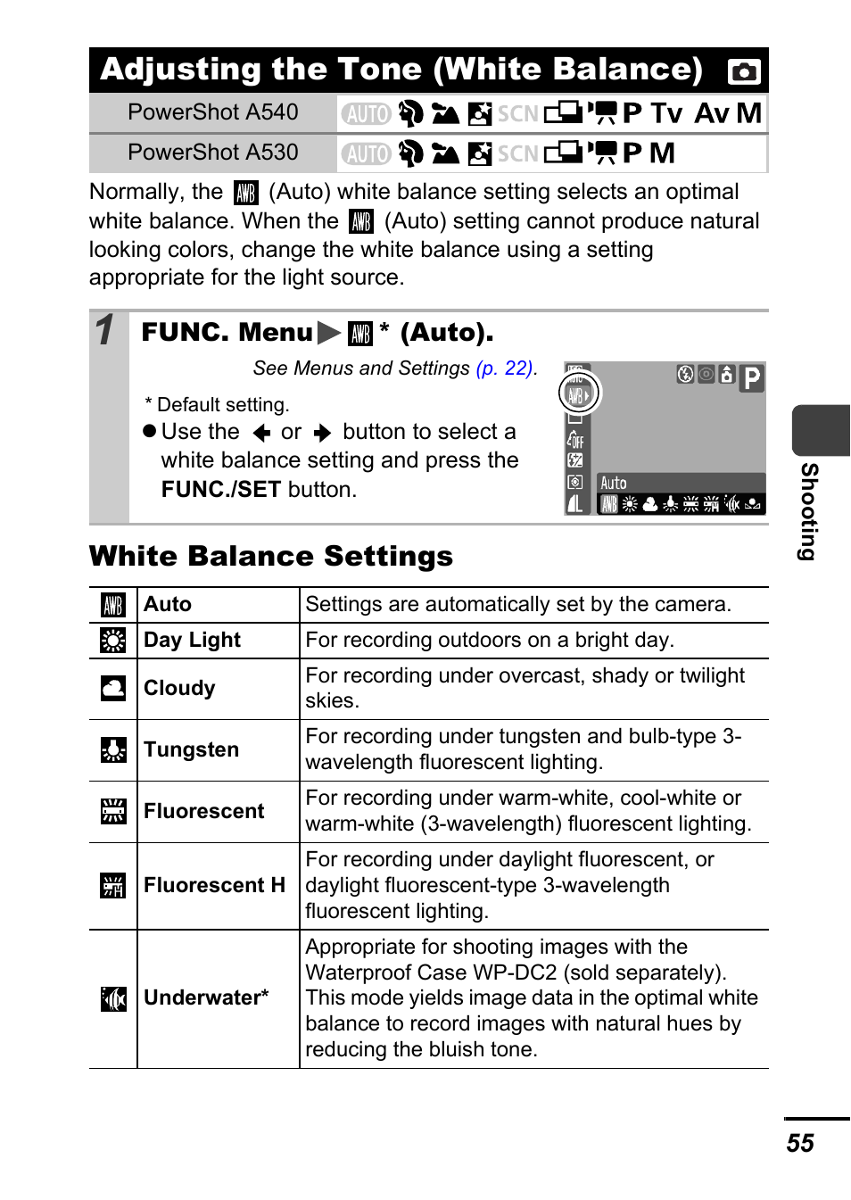 Adjusting the tone (white balance), P. 55), P. 55 | White balance settings | Canon A540 User Manual | Page 57 / 139