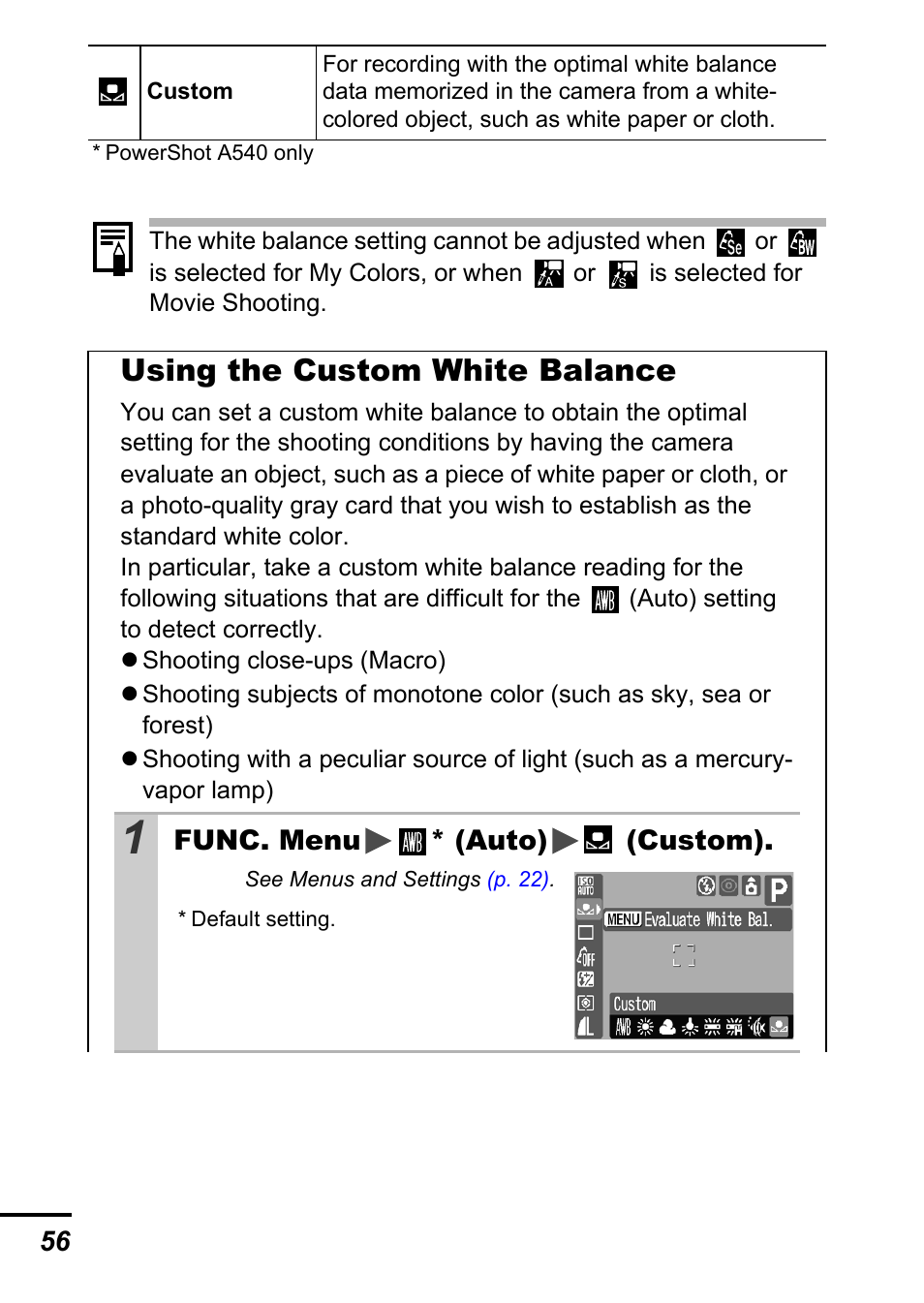 Balance function, P. 56), Using the custom white balance | Canon A540 User Manual | Page 58 / 139