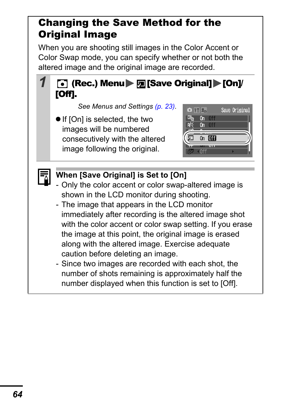 P. 64, Changing the save method for the original image | Canon A540 User Manual | Page 66 / 139