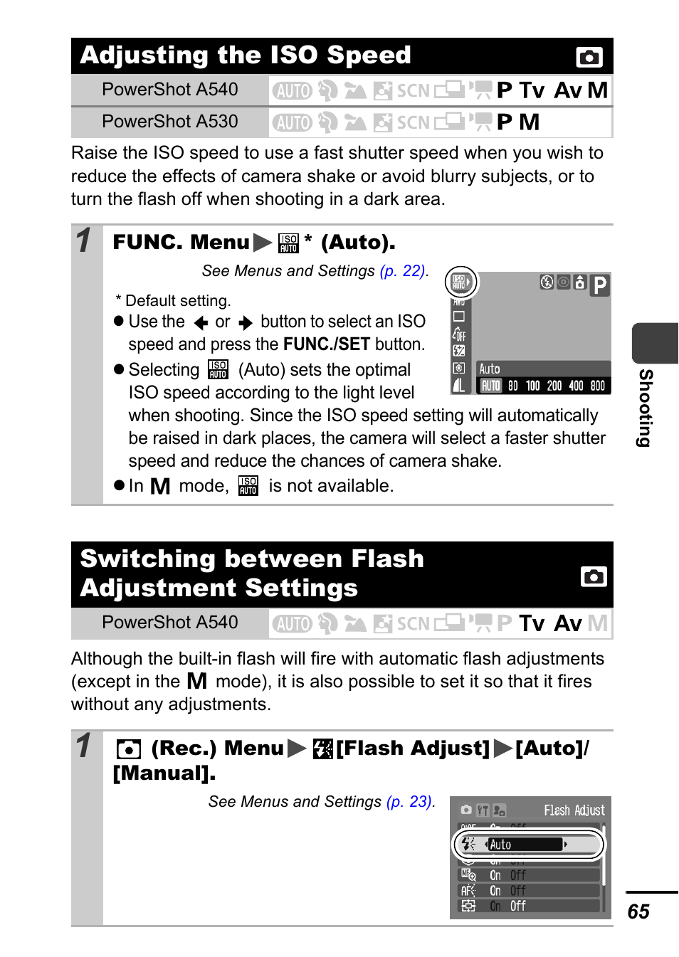 Adjusting the iso speed, Switching between flash adjustment settings, Speed | P. 65), P. 65 | Canon A540 User Manual | Page 67 / 139