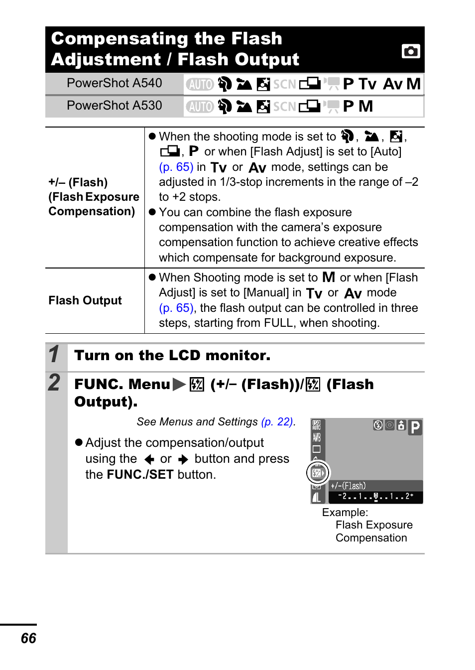 Compensating the flash adjustment / flash output, P. 66), P. 66 | Canon A540 User Manual | Page 68 / 139