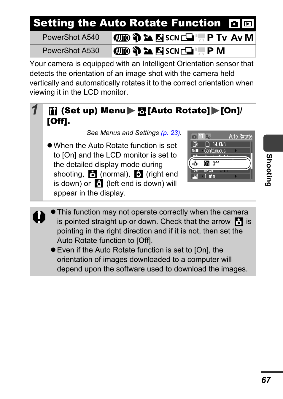 Setting the auto rotate function, P. 67), P. 67 | Canon A540 User Manual | Page 69 / 139