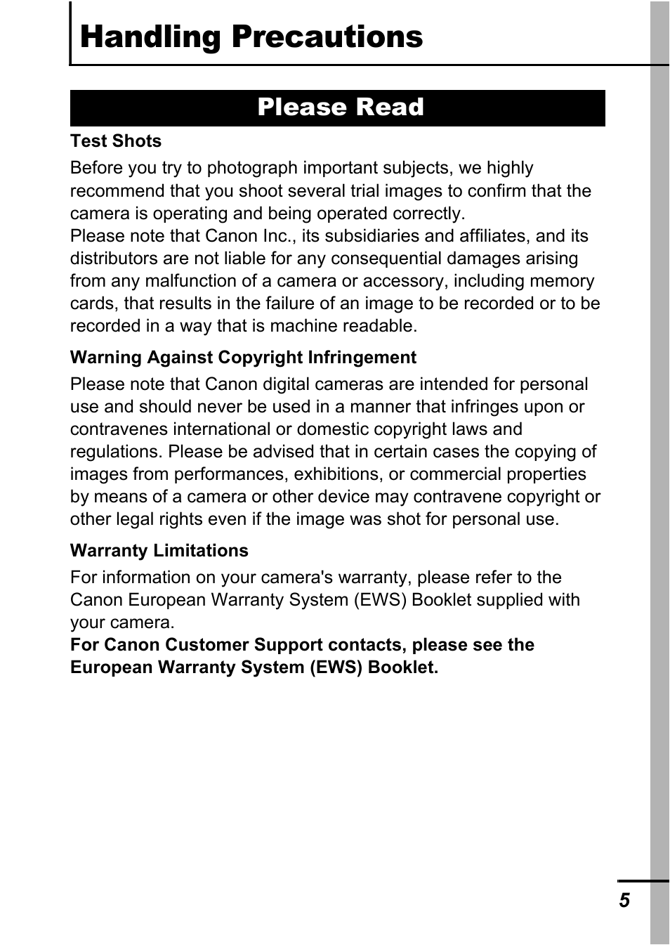 Handling precautions, Please read | Canon A540 User Manual | Page 7 / 139