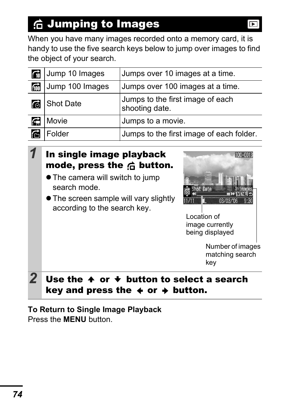 Jumping to images, P. 74 | Canon A540 User Manual | Page 76 / 139