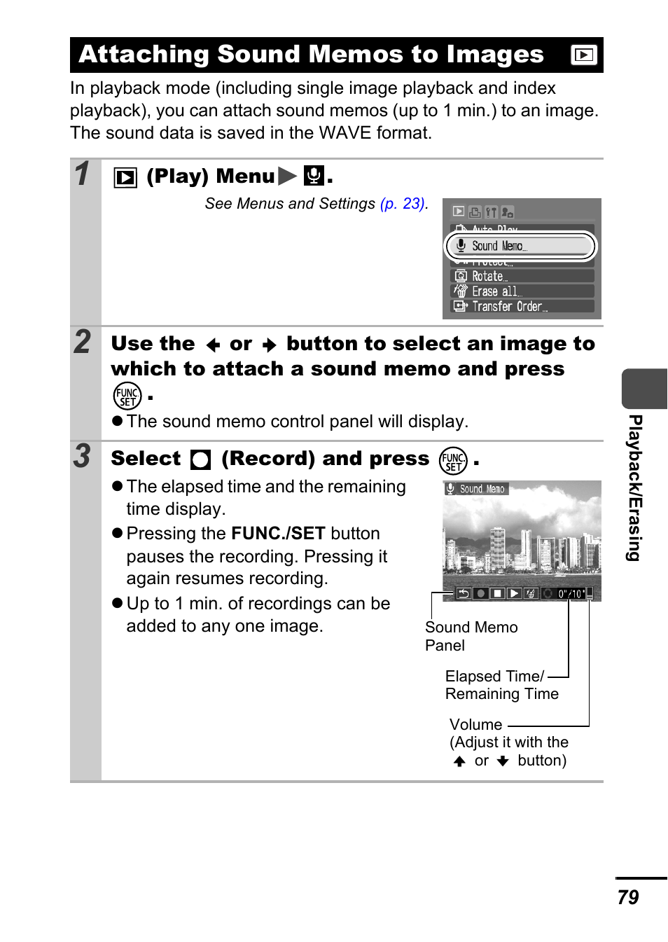 Attaching sound memos to images, P. 79), P. 79 | Canon A540 User Manual | Page 81 / 139