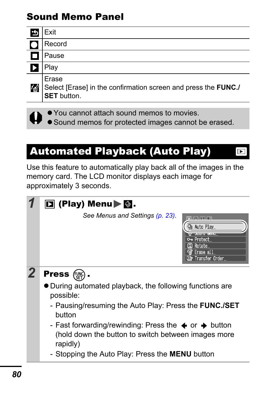Automated playback (auto play), P. 80 | Canon A540 User Manual | Page 82 / 139