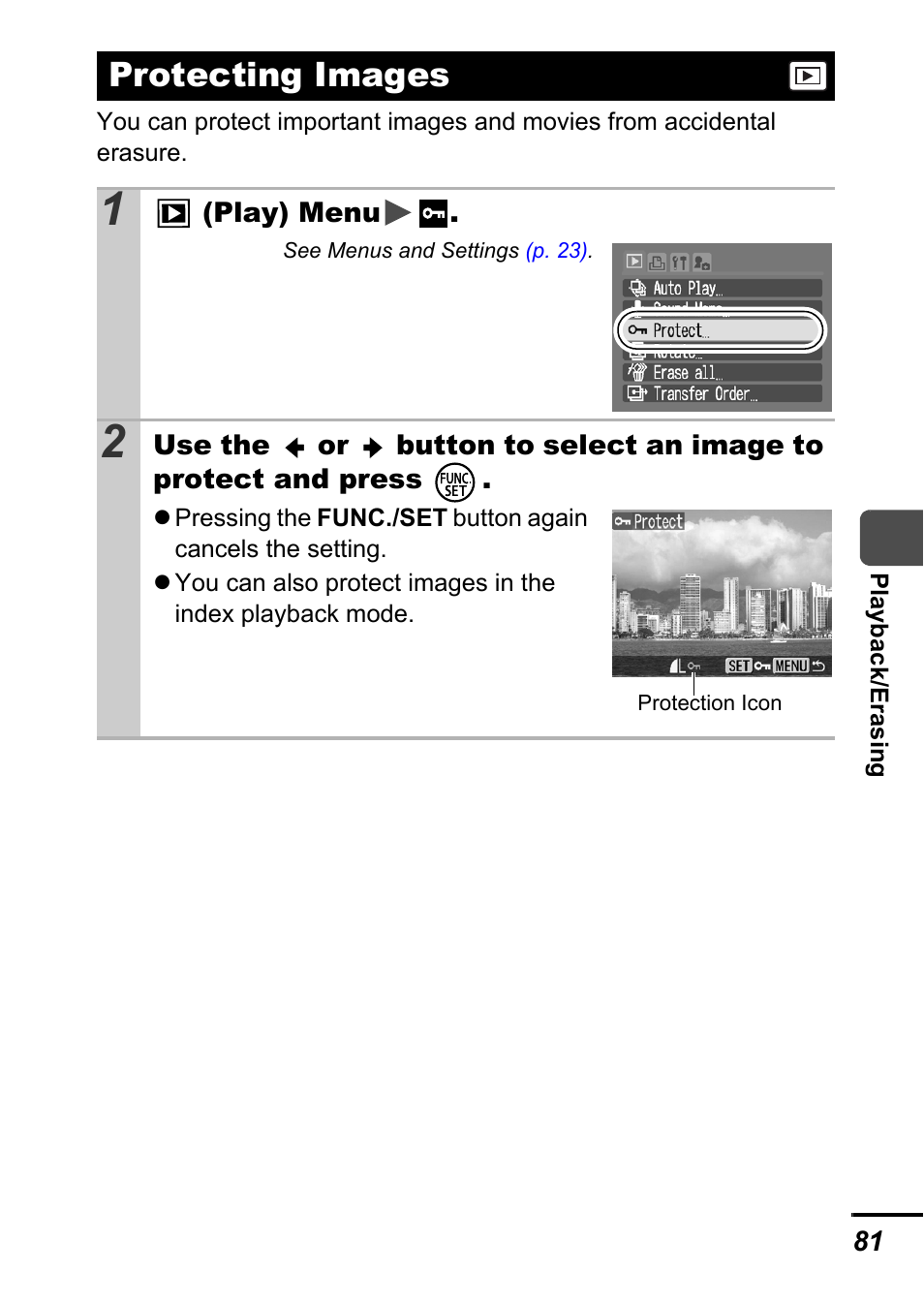 Protecting images, P. 81), P. 81 | Canon A540 User Manual | Page 83 / 139