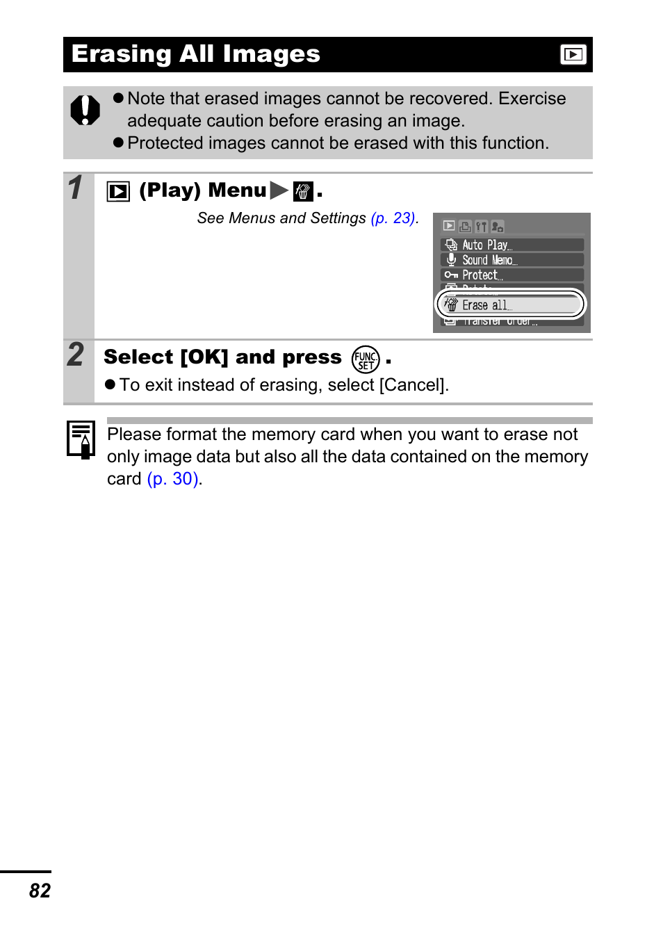 Erasing all images, P. 82 | Canon A540 User Manual | Page 84 / 139