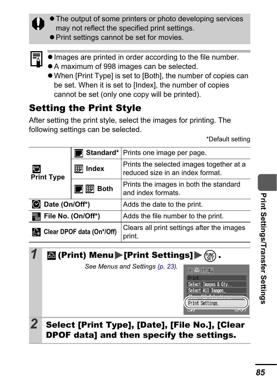 Setting the print style | Canon A540 User Manual | Page 87 / 139