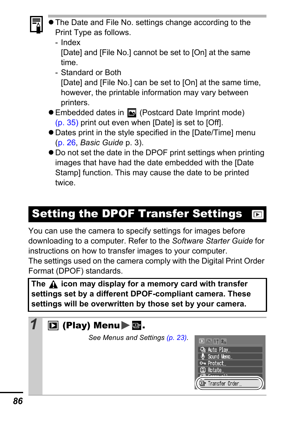 Setting the dpof transfer settings, P. 86 | Canon A540 User Manual | Page 88 / 139