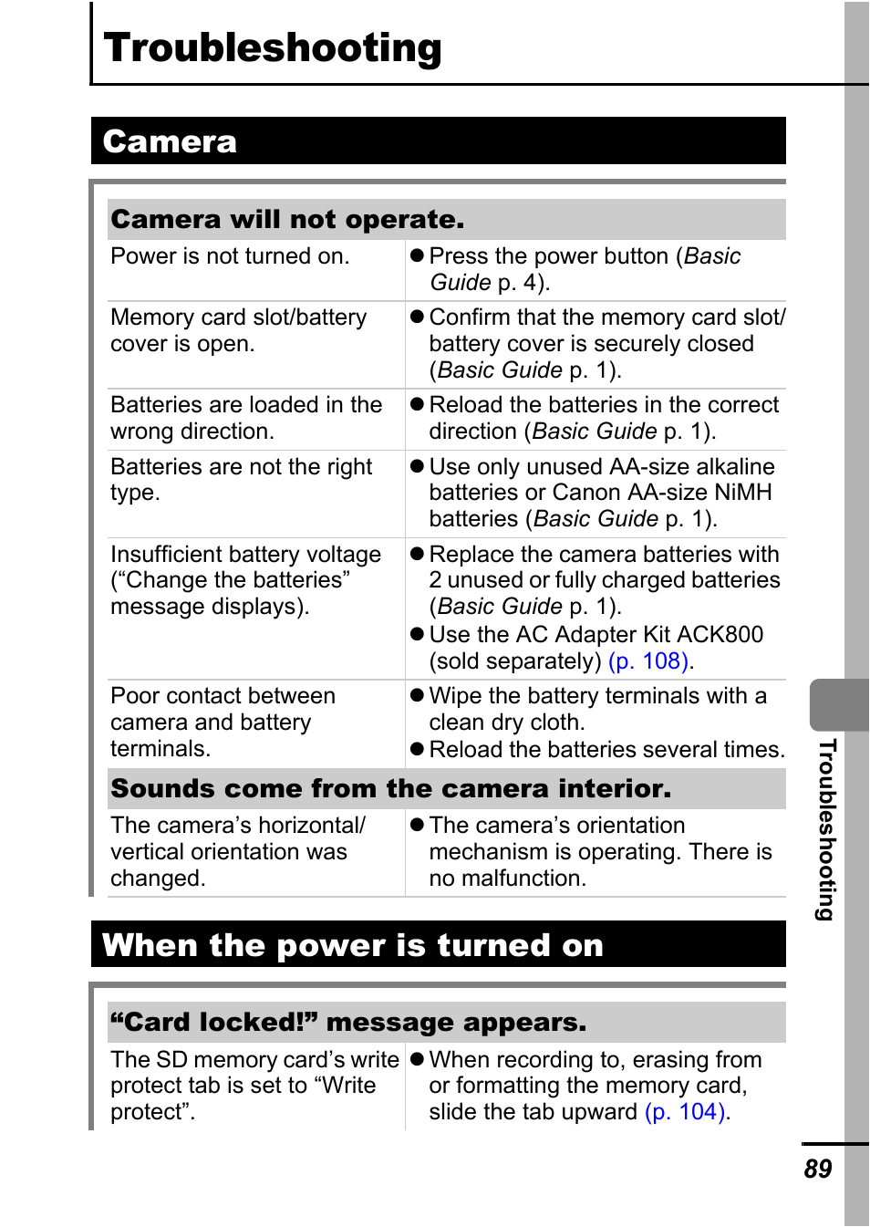 Troubleshooting, Camera, When the power is turned on | Camera when the power is turned on | Canon A540 User Manual | Page 91 / 139