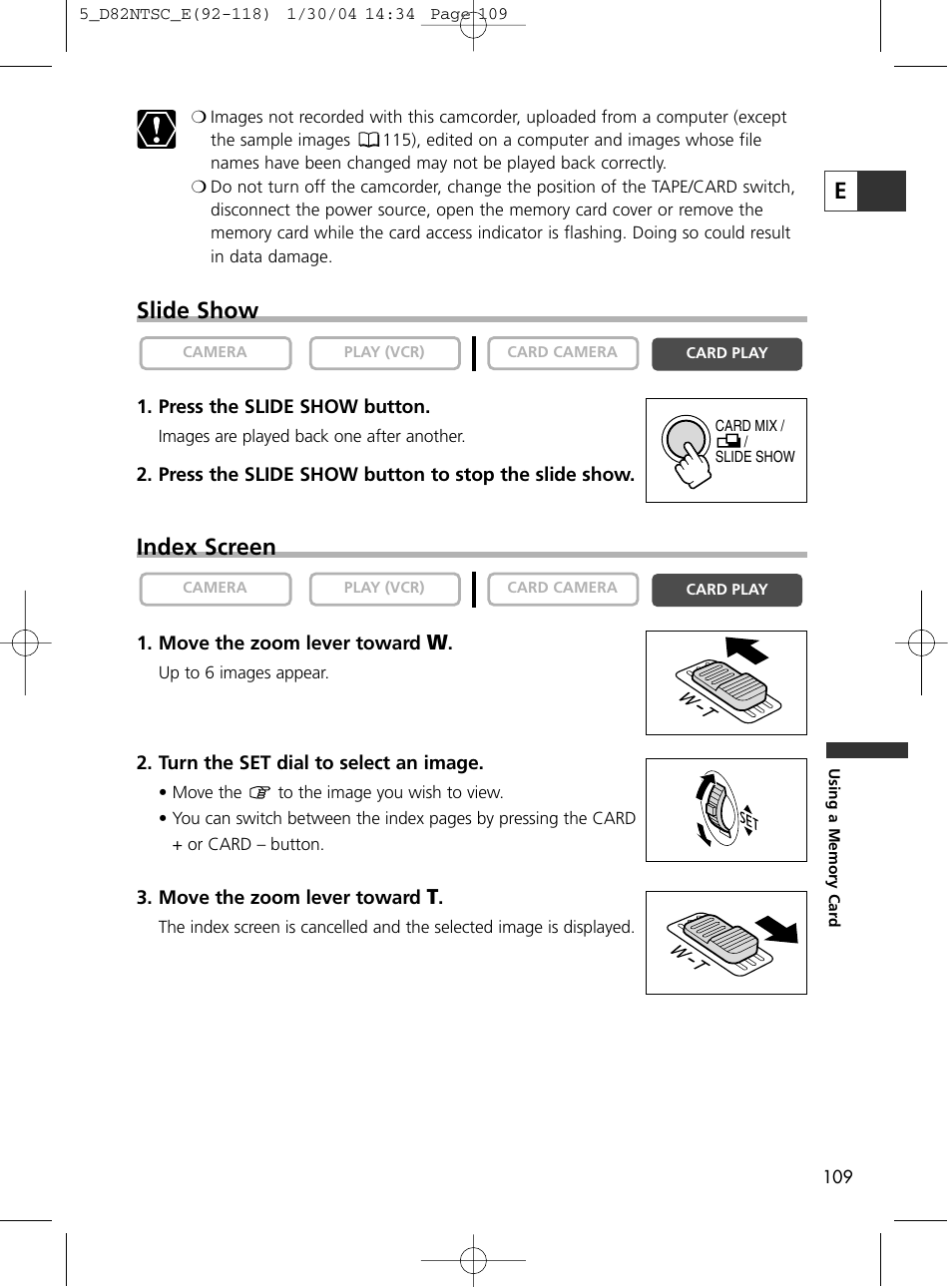 Slide show, Index screen | Canon Elura 65 User Manual | Page 109 / 162