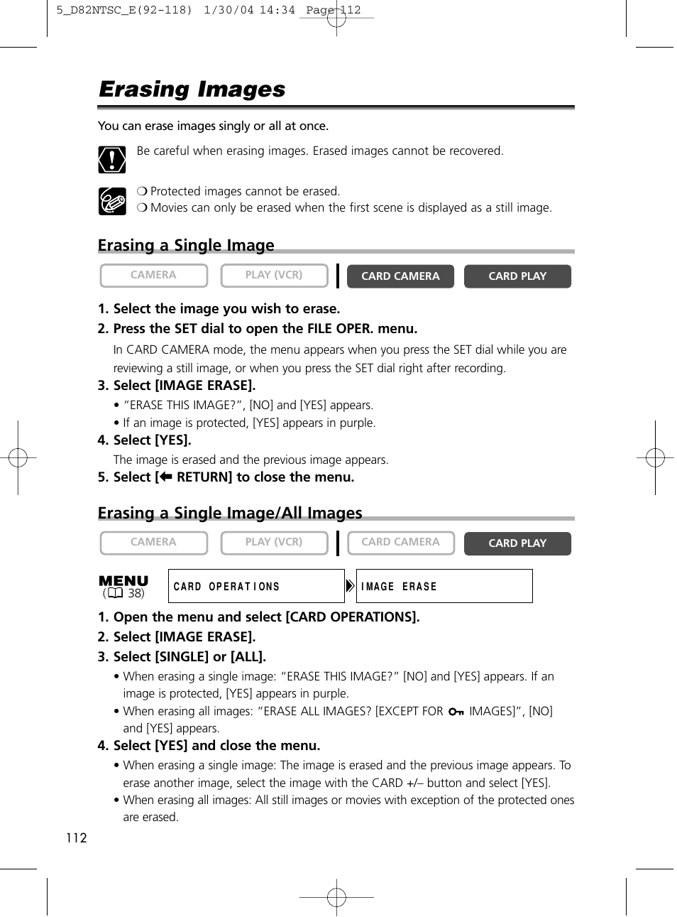 Erasing images, Erasing a single image, Erasing a single image/all images | Canon Elura 65 User Manual | Page 112 / 162