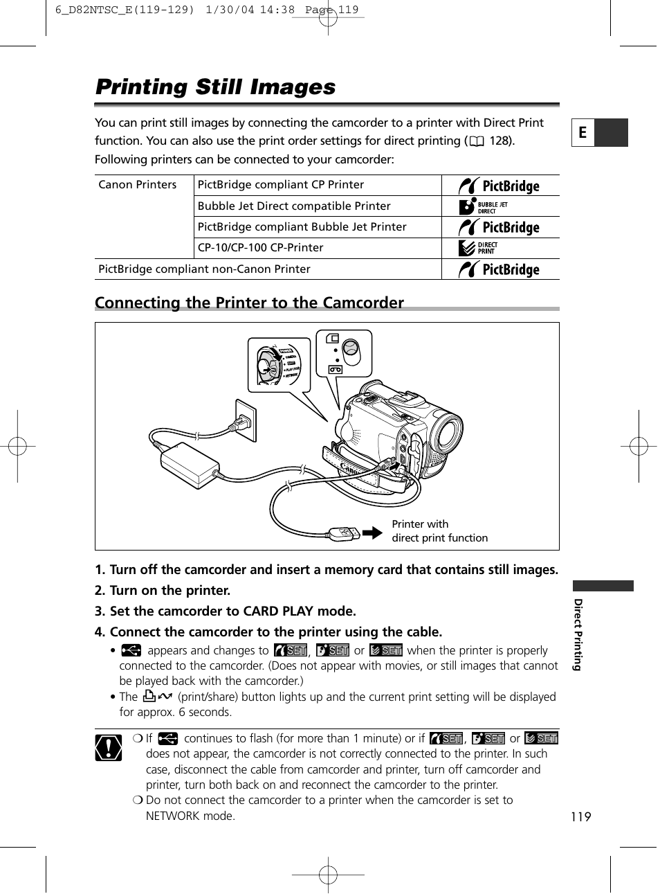 Printing still images, Connecting the printer to the camcorder | Canon Elura 65 User Manual | Page 119 / 162