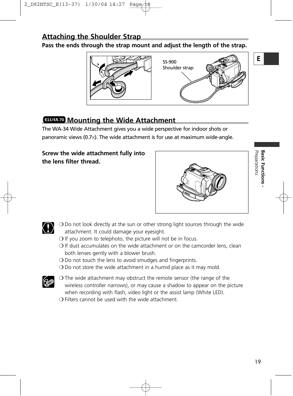 Eattaching the shoulder strap, Mounting the wide attachment | Canon Elura 65 User Manual | Page 19 / 162