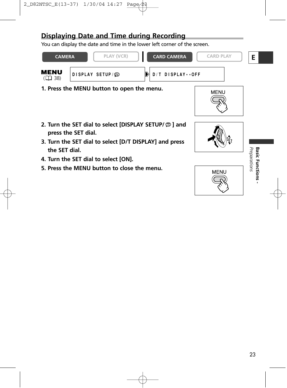 Edisplaying date and time during recording | Canon Elura 65 User Manual | Page 23 / 162